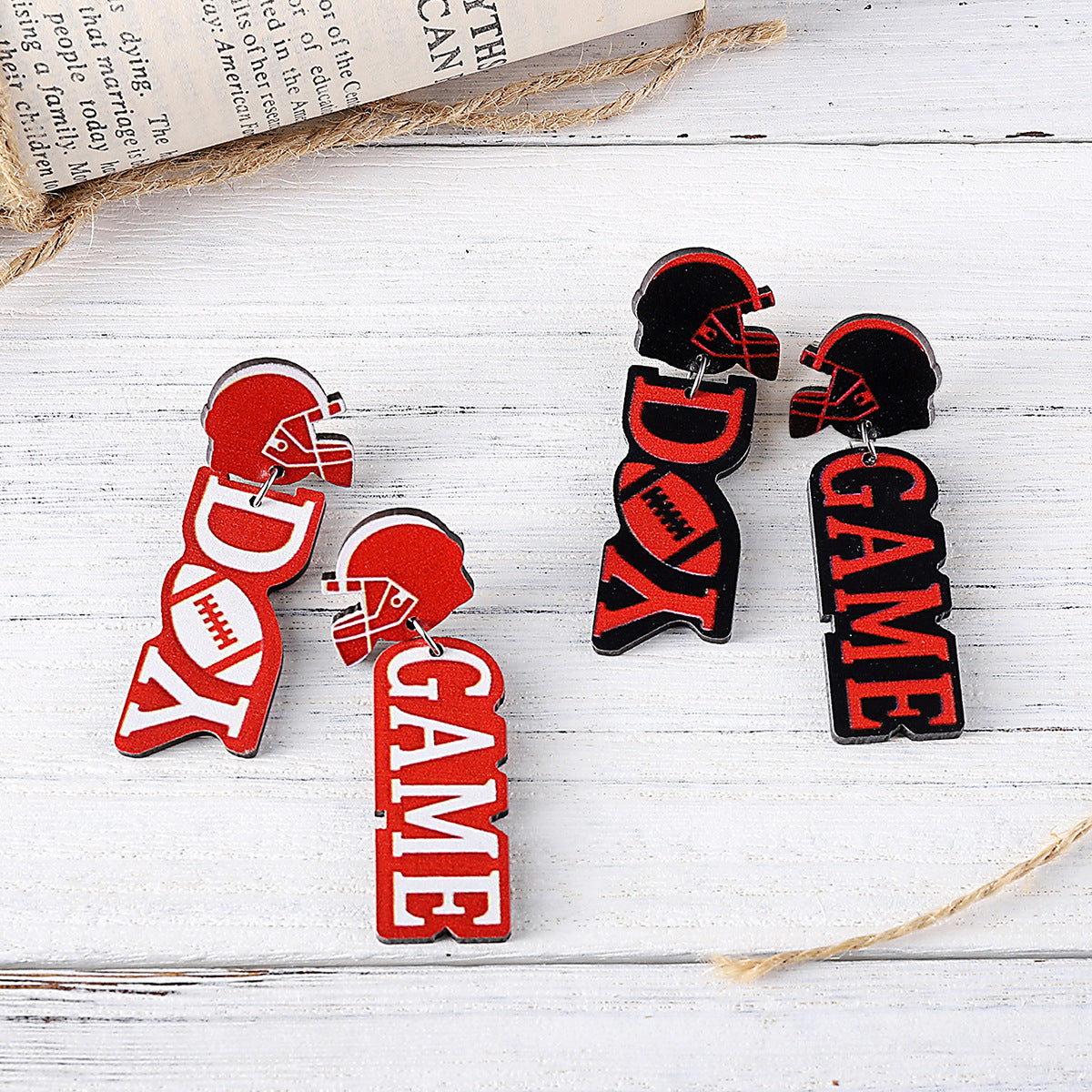 Wholesale  New Rugby Letter Helmet Stitching Pendant Earrings Rugby Events Wooden Double-sided Earrings Earrings